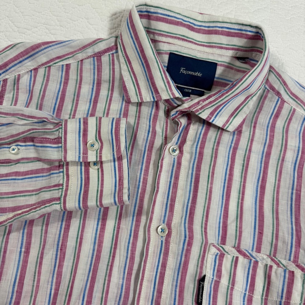 Façonnable Club Button Up Shirt Mens L Stripe 100% Linen Elbow Patch Preppy EUC
